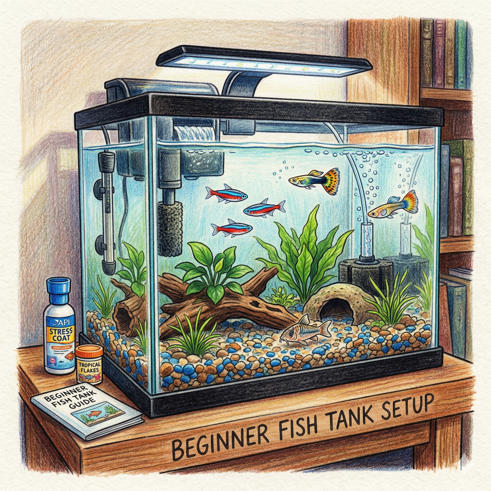 Illustrated beginner fish tank setup showing a small planted aquarium with heater, filter, light, and beginner-friendly community fish