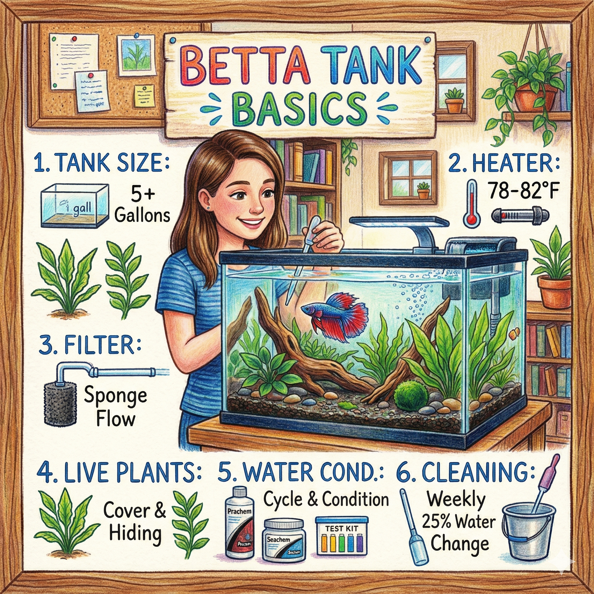 Illustrated beginner betta tank setup showing a 5 gallon aquarium with gentle filtration, heater, thermometer, plants, and betta care basics