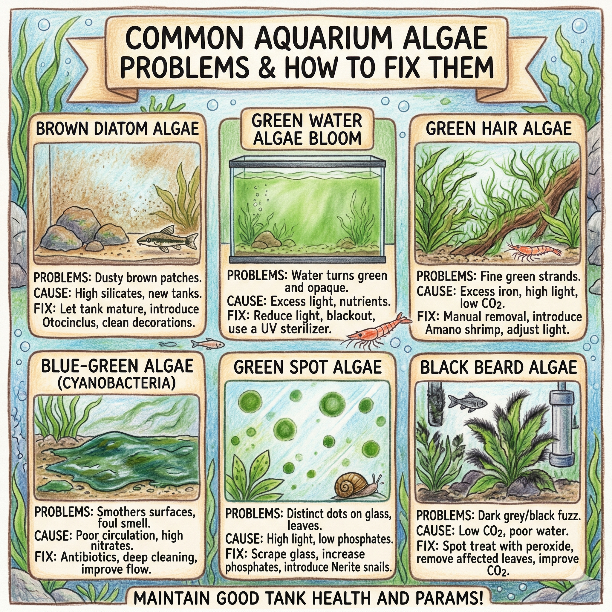 Illustrated aquarium algae troubleshooting chart showing brown diatom algae, green water, green hair algae, cyanobacteria, green spot algae, and black beard algae