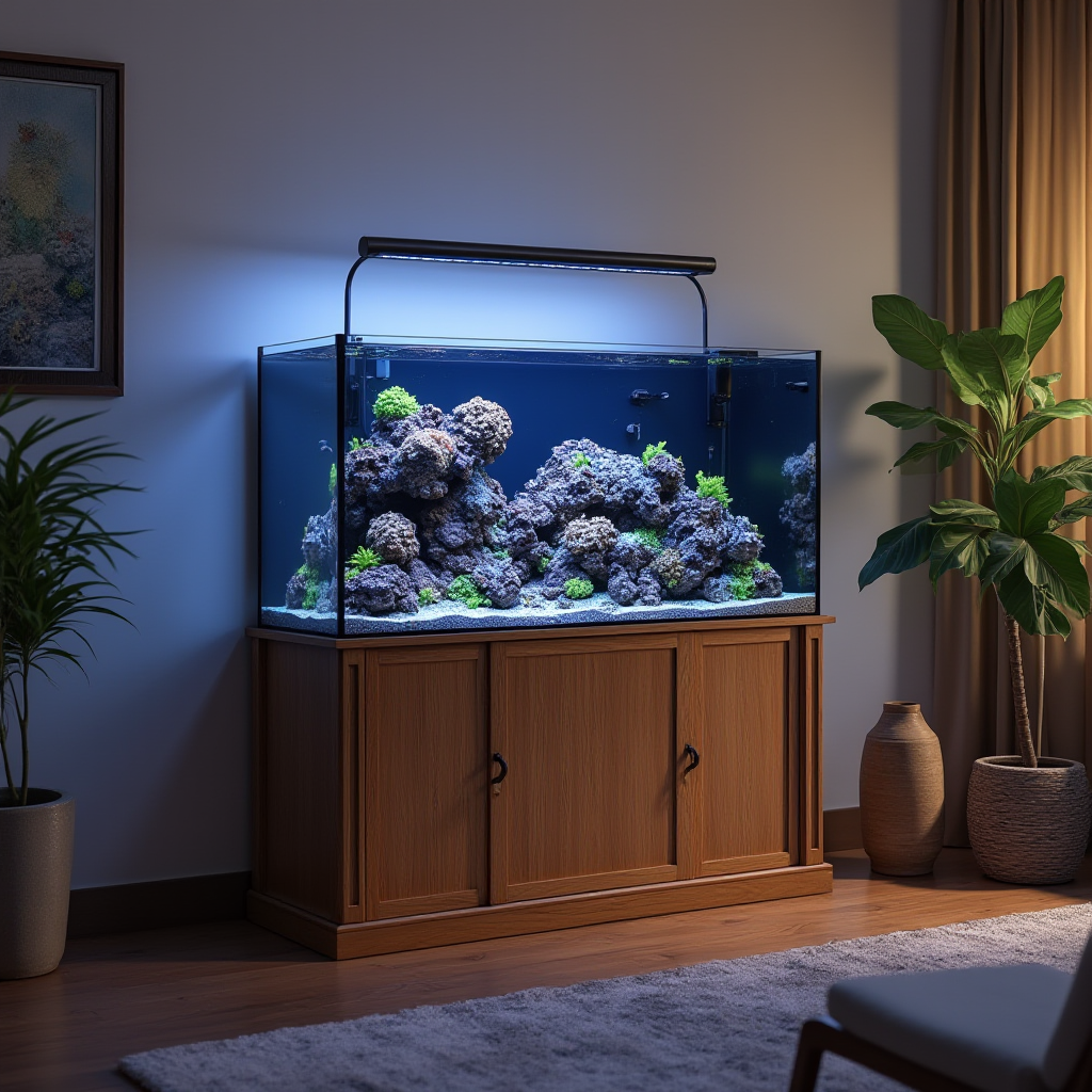 A moderately stocked reef aquarium on a stand in a home living room