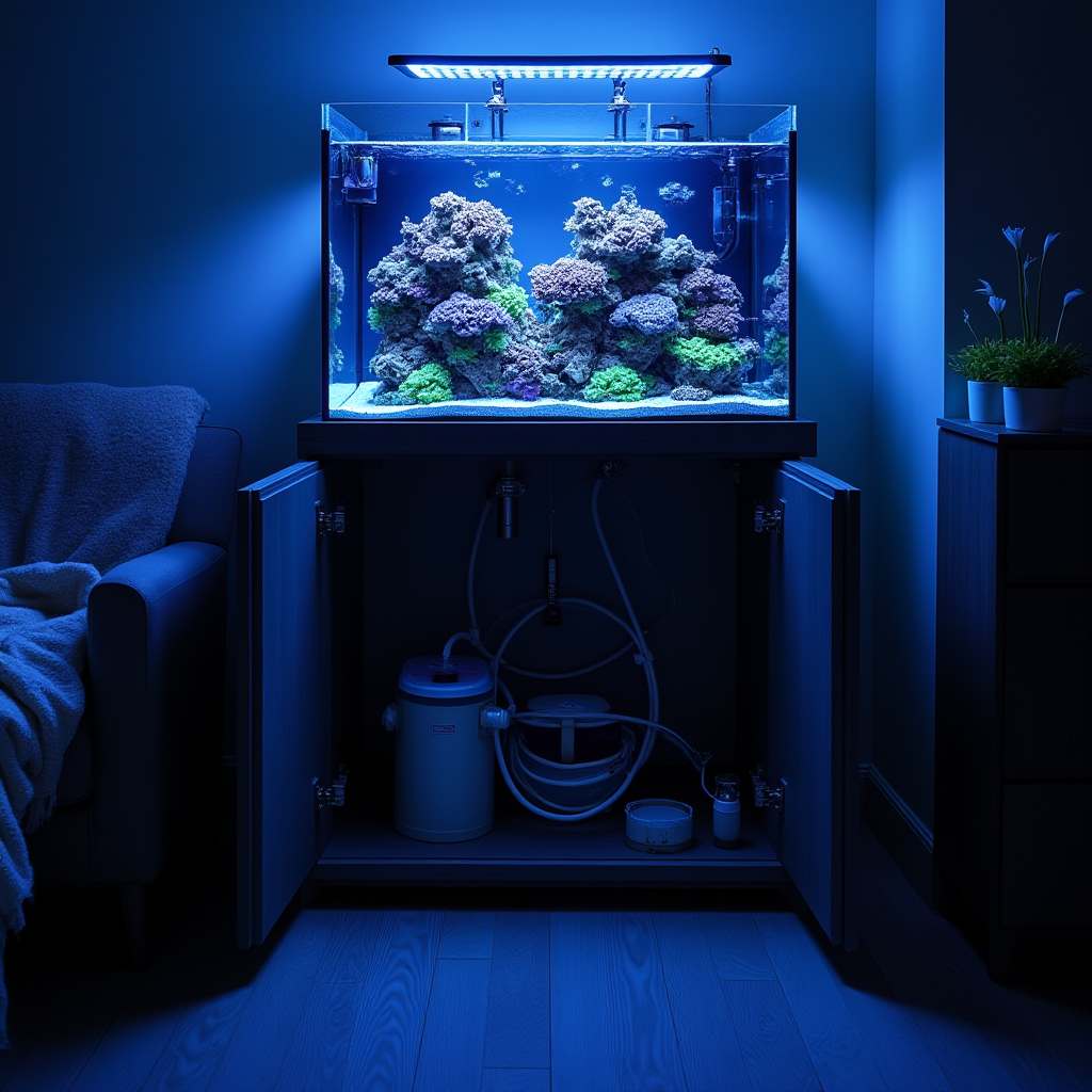 Home reef aquarium on a stand with the sump and equipment cabinet open below it
