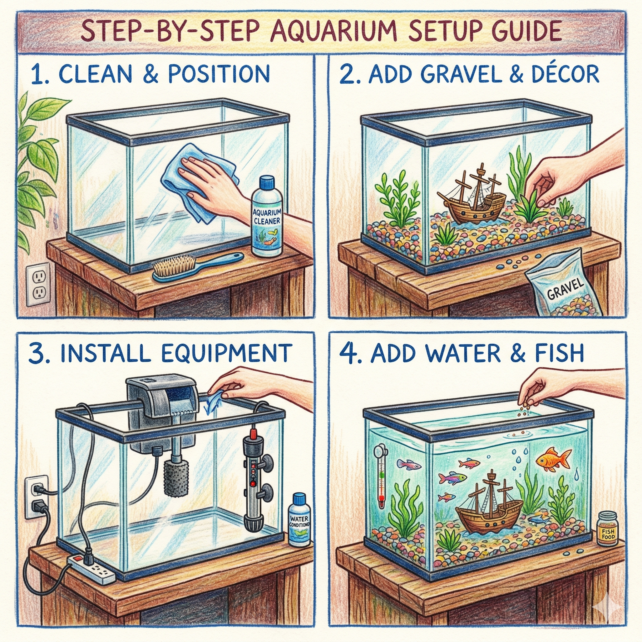 Illustrated step-by-step aquarium setup guide showing tank cleaning, gravel and decor placement, equipment installation, and final water setup