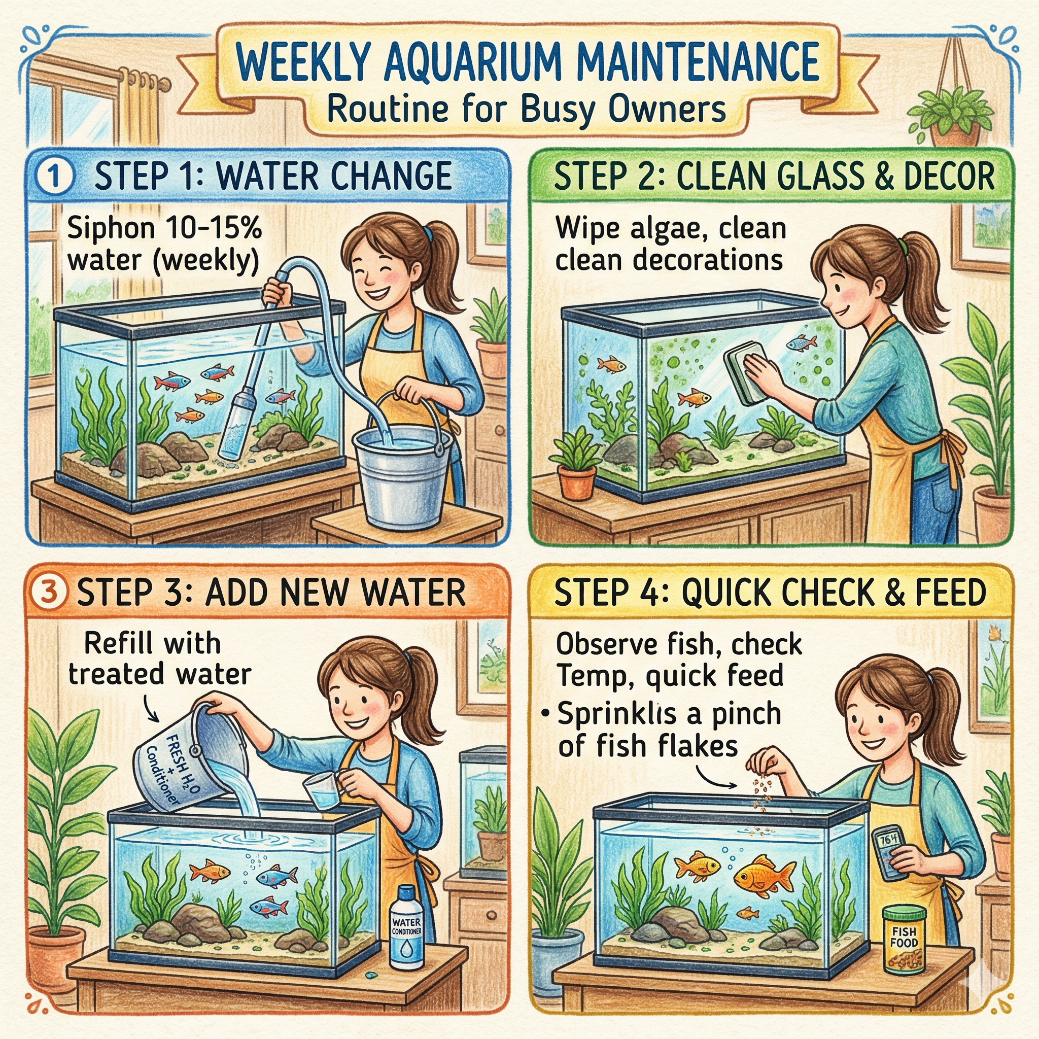 Busy person doing quick 20-minute aquarium maintenance on a 20-gallon tank with siphon, algae scraper, and test kit