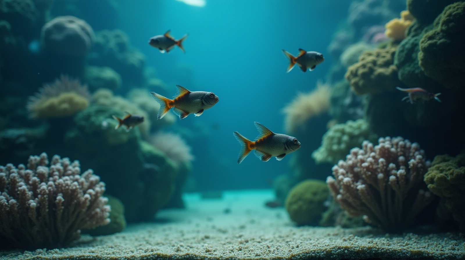 A mid-shot featuring several small marine fish swimming in clear water near the front glass of an established reef aquarium.