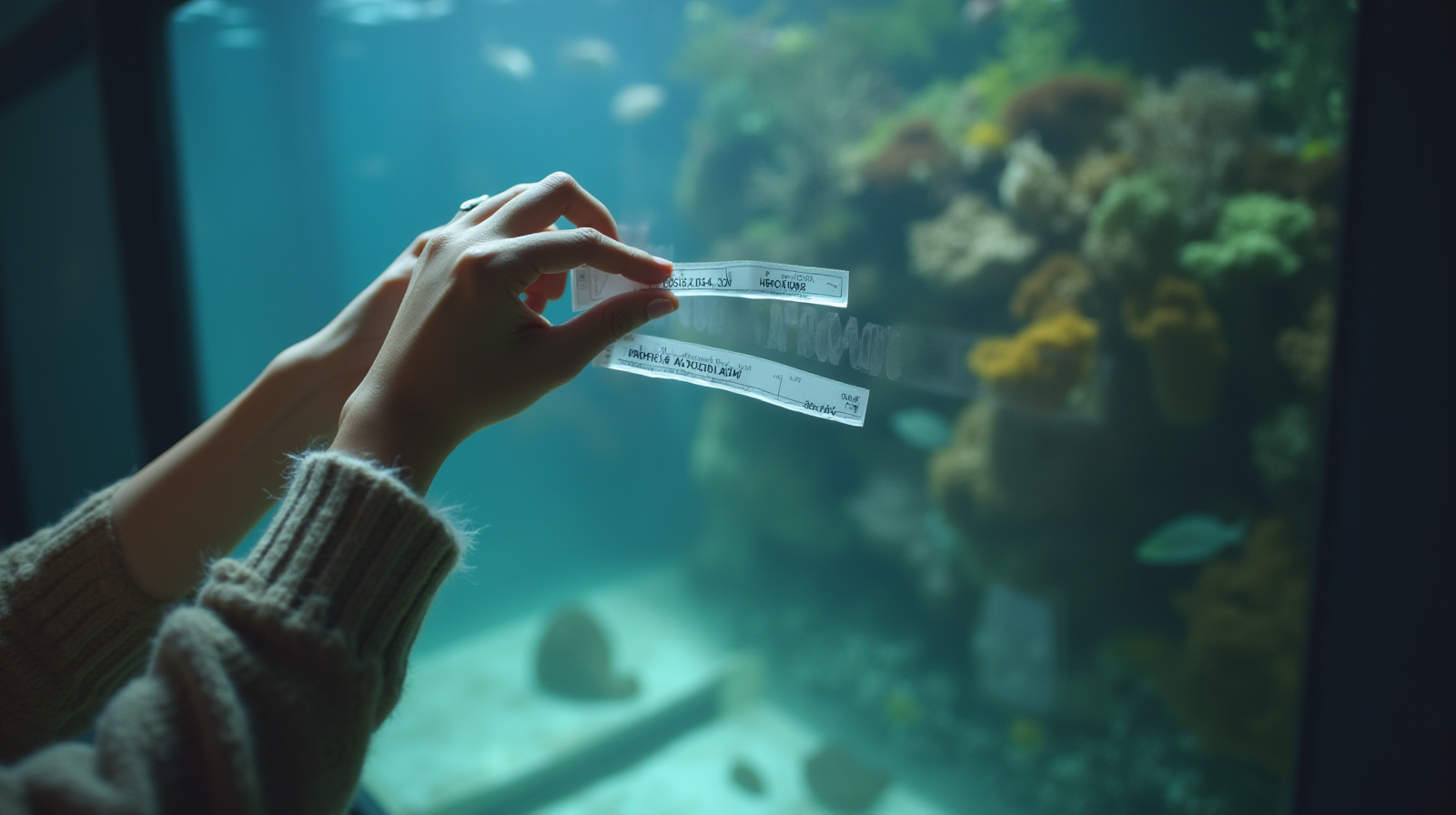 Hands using aquarium test strips to check water parameters near a glass viewing panel.