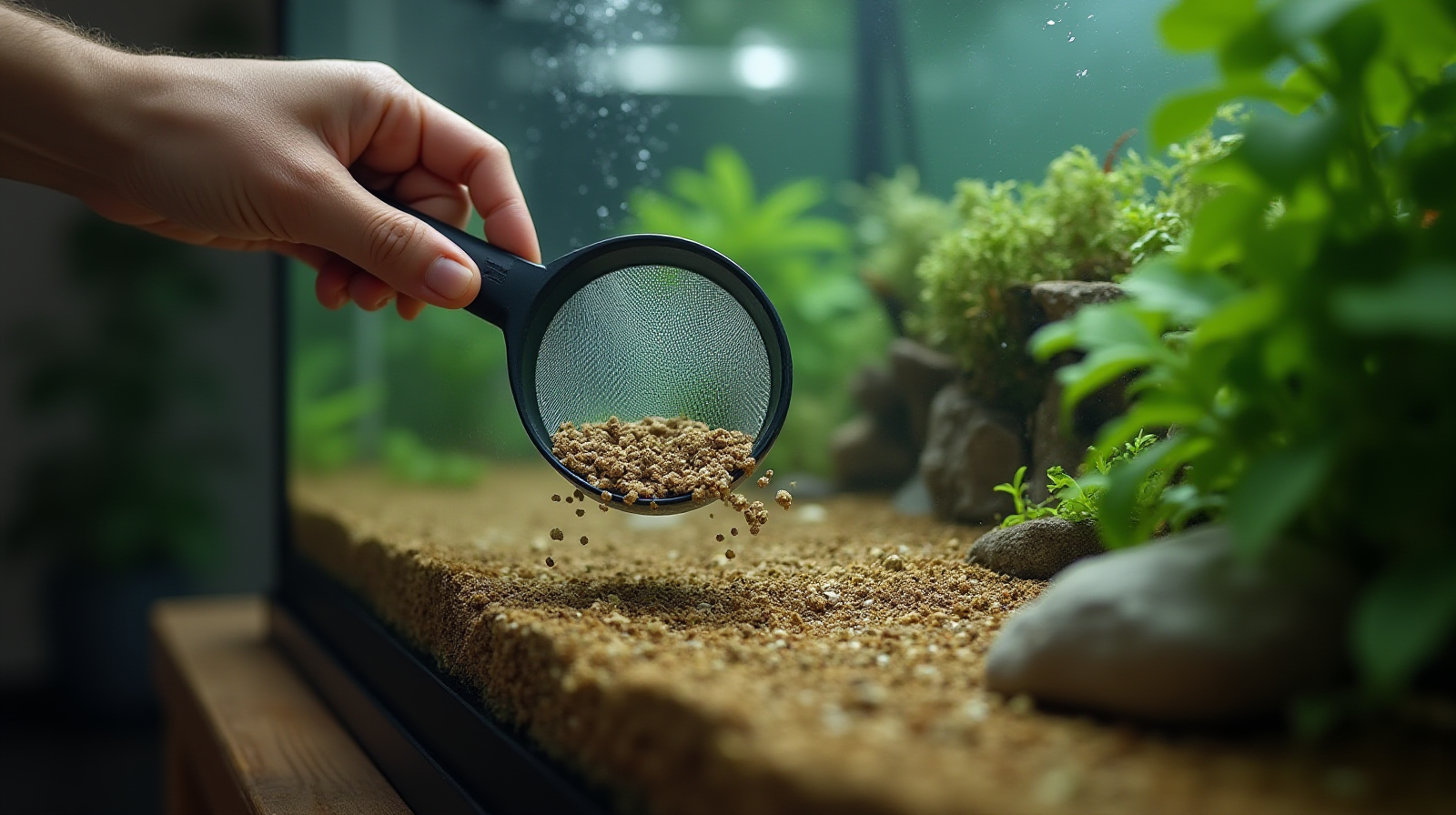 A pair of hands carefully using an aquarium net to gently scoop debris from the substrate in a planted tank.