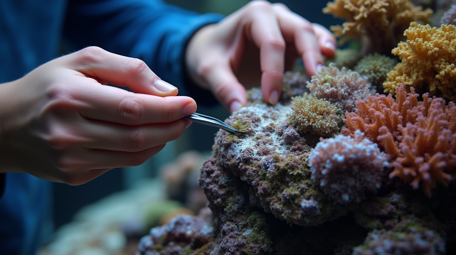 A pair of hands carefully using aquarium tweezers to pick small patches of algae off a piece of live rock that is partially covered by vibrant hard corals and soft polyps in a well-lit reef tank.