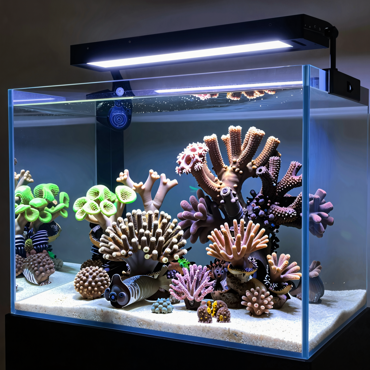 A moderately sized, well-maintained home reef aquarium with vibrant corals and clean glass under bright naturalistic LED light.