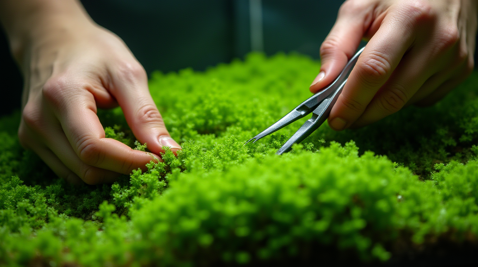 A pair of hands using aquarium tweezers or snips to gently trim excess algae off of dense patches of bright green Java Moss.