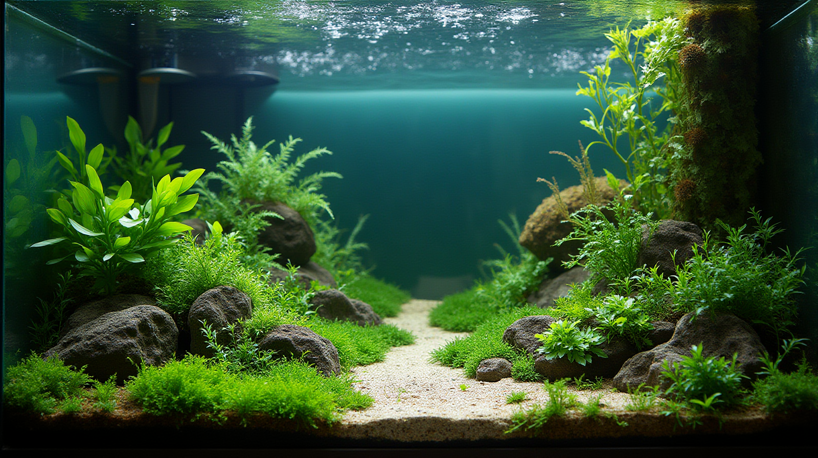 A wide establishing shot of a planted freshwater/saltwater transition tank corner setup with various types of macroalgae visible in the background.