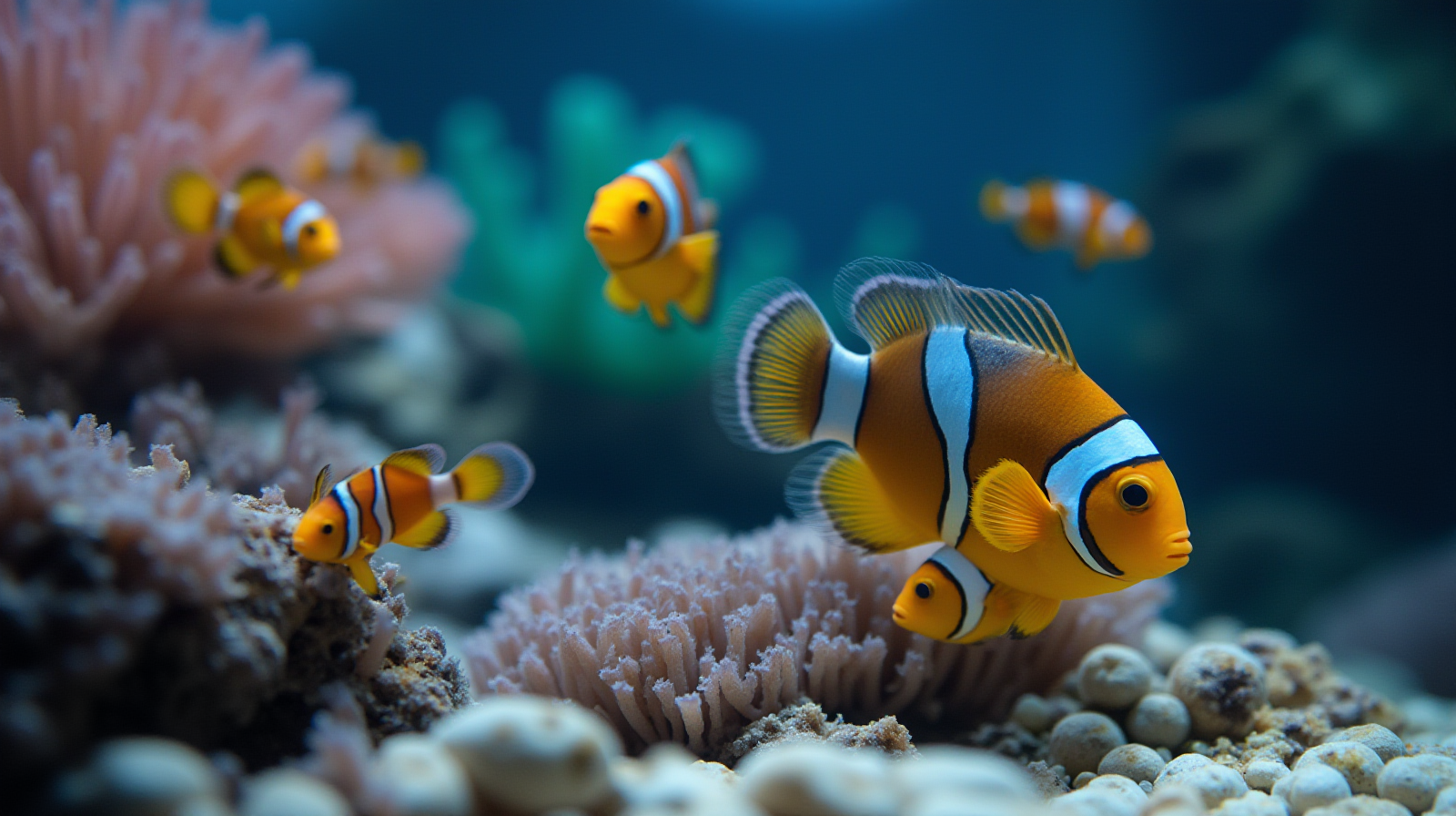 A close-up of several small, diverse reef fish (like clownfish or gobies) swimming among healthy rockwork in the foreground of a tank.