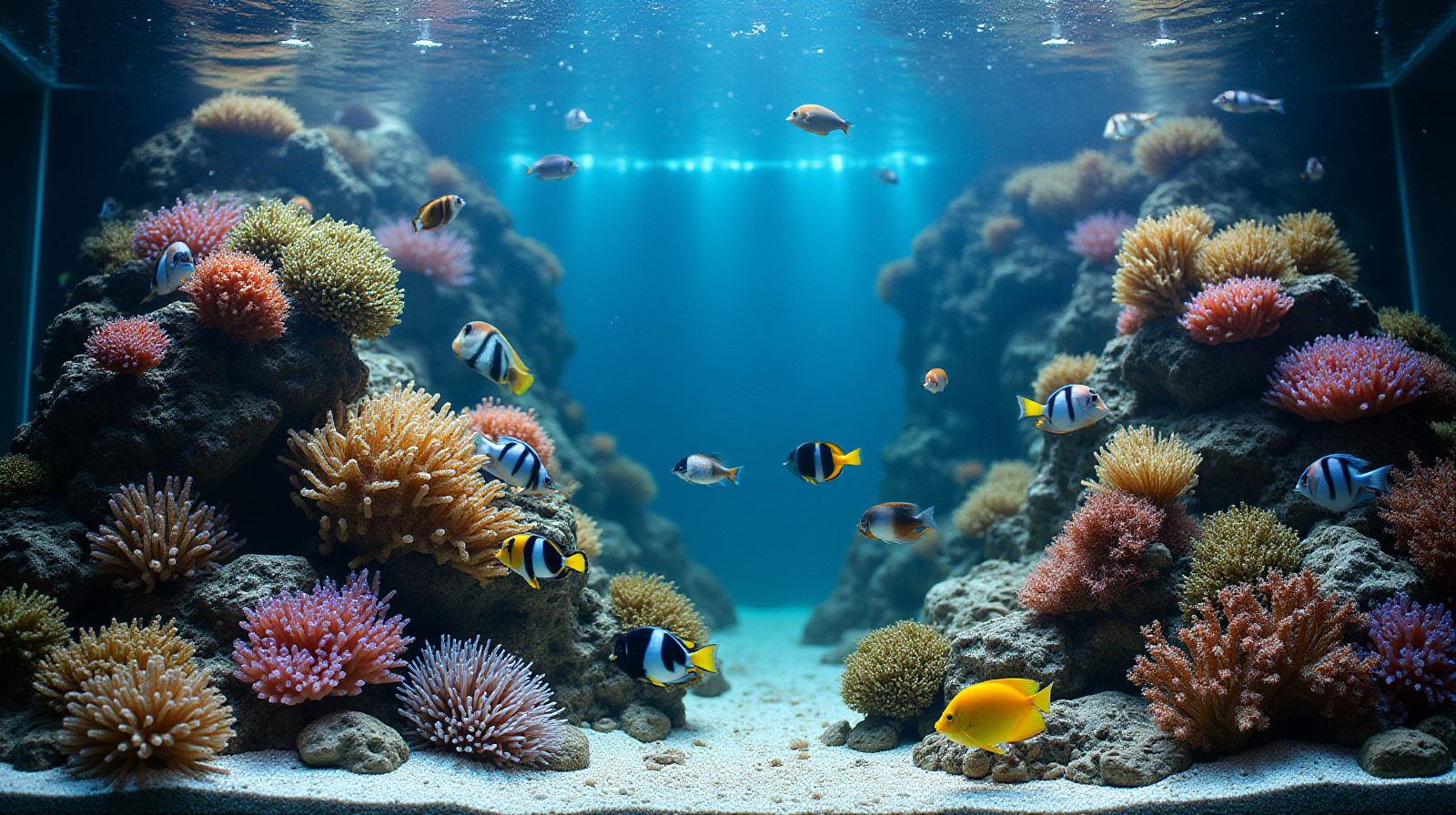 A mid-sized, well-established reef aquarium showing diverse colorful fish (like tangs or damselfish) swimming among healthy coral formations and live rock in clear water.