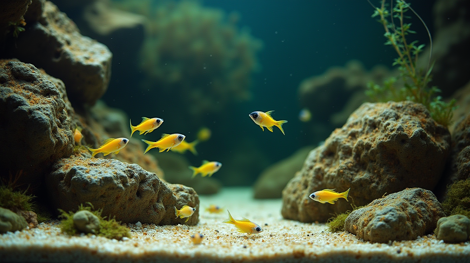A medium-sized, established saltwater reef tank showing several small yellow watchman gobies actively foraging near large pieces of structure rock at low tide level.