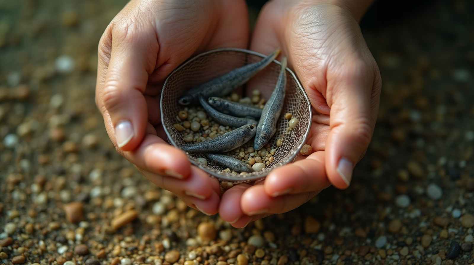 Close up on hands gently using aquarium netting to carefully scoop a small group of fry out of gravel substrate.