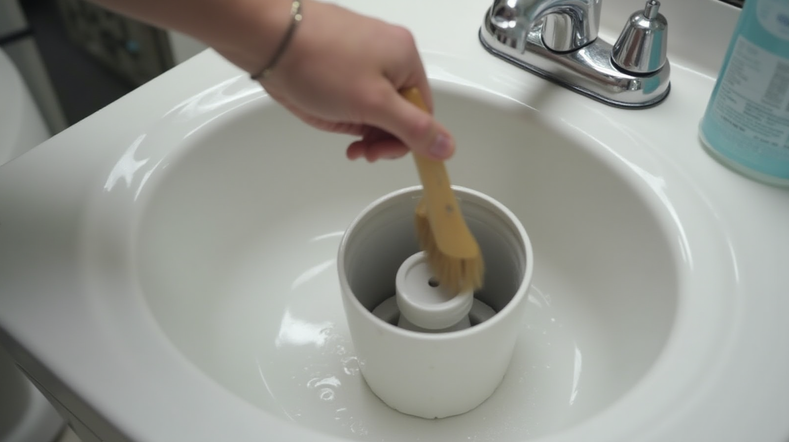 A wide establishing shot showing the filter intake or output area of a standard canister filter being cleaned with a brush in a bathroom sink setup.