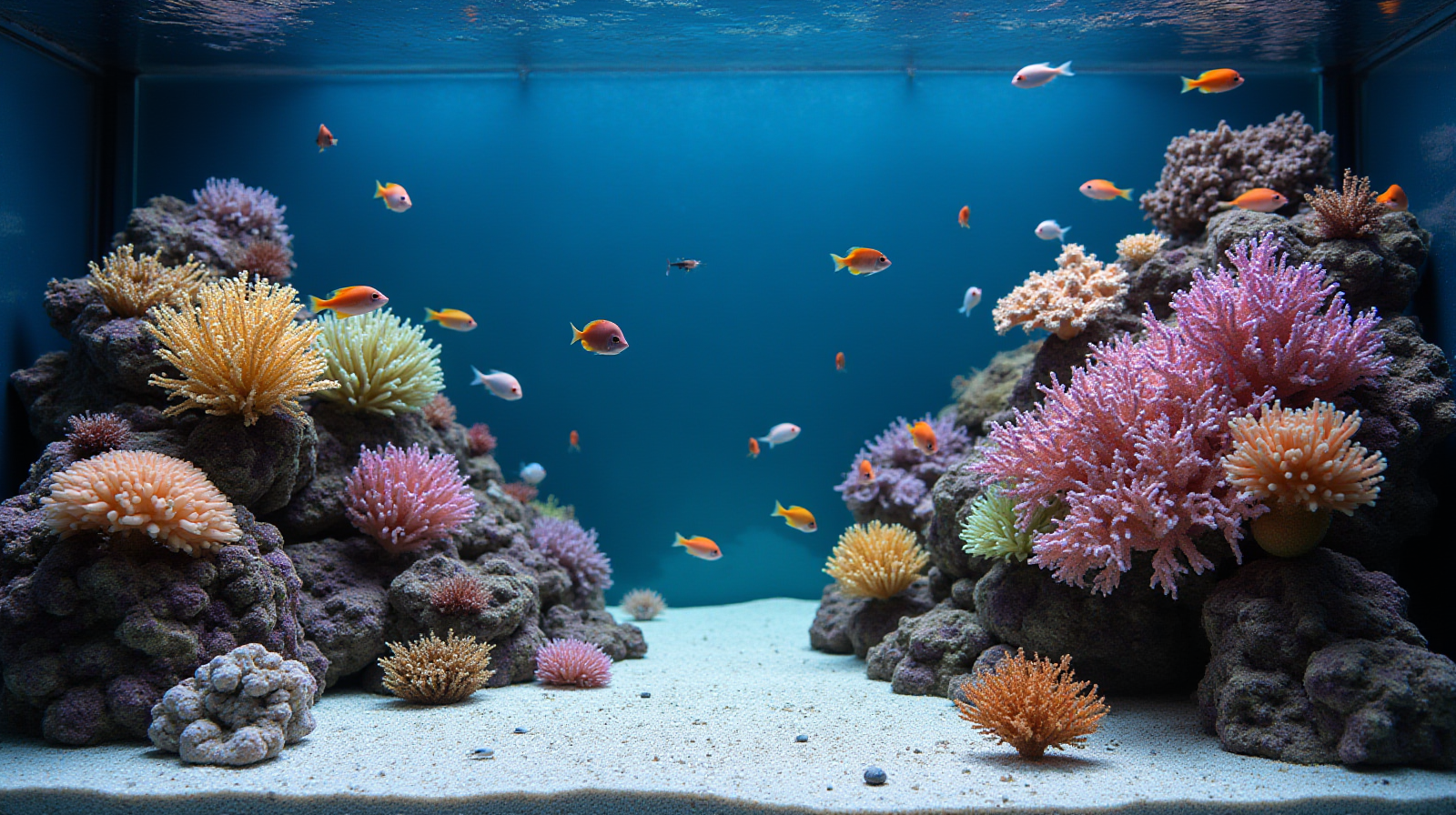 A wide establishing shot of a medium-sized reef tank showing diverse corals with good color and several small, colorful fish swimming actively near the rockwork.